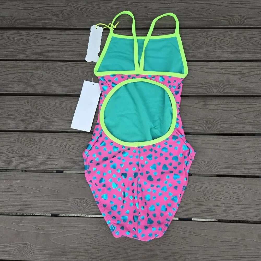 TYR The Finals Women Heart Foil Swimsuit Flutter back Pink/teal - Size 28 New